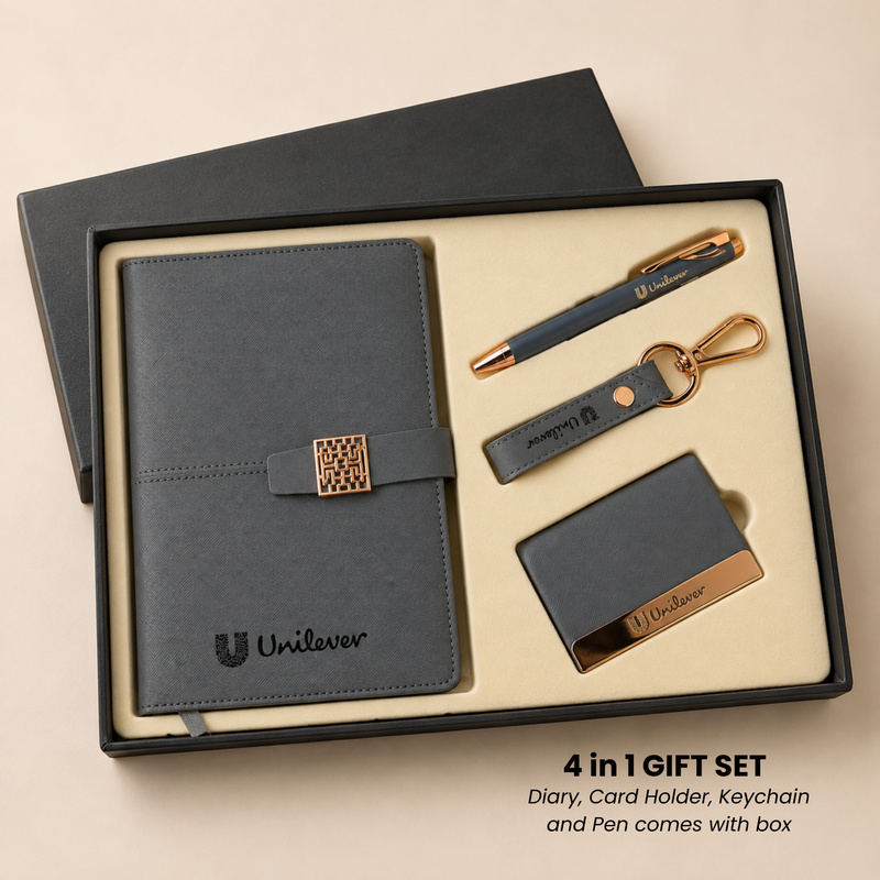 4 in 1 gift set (Diary, Card Holder, Keychain and pen comes with box)